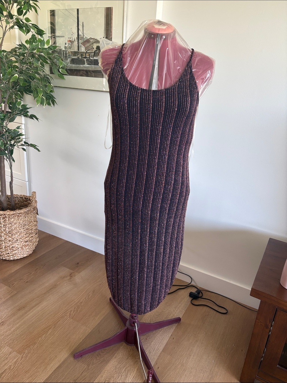 Sleeveless Ribbed Knit Midi Dress in Black and Rust